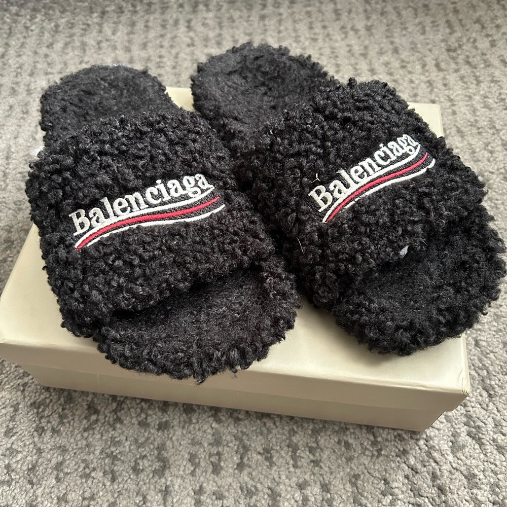 Balenciaga Black Fuzzy Slides